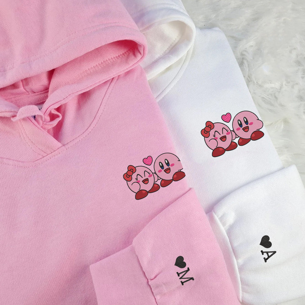 Custom Embroidered Hoodies For Couples, Cute Cartoon Kirb Couples Embroidered Hoodie