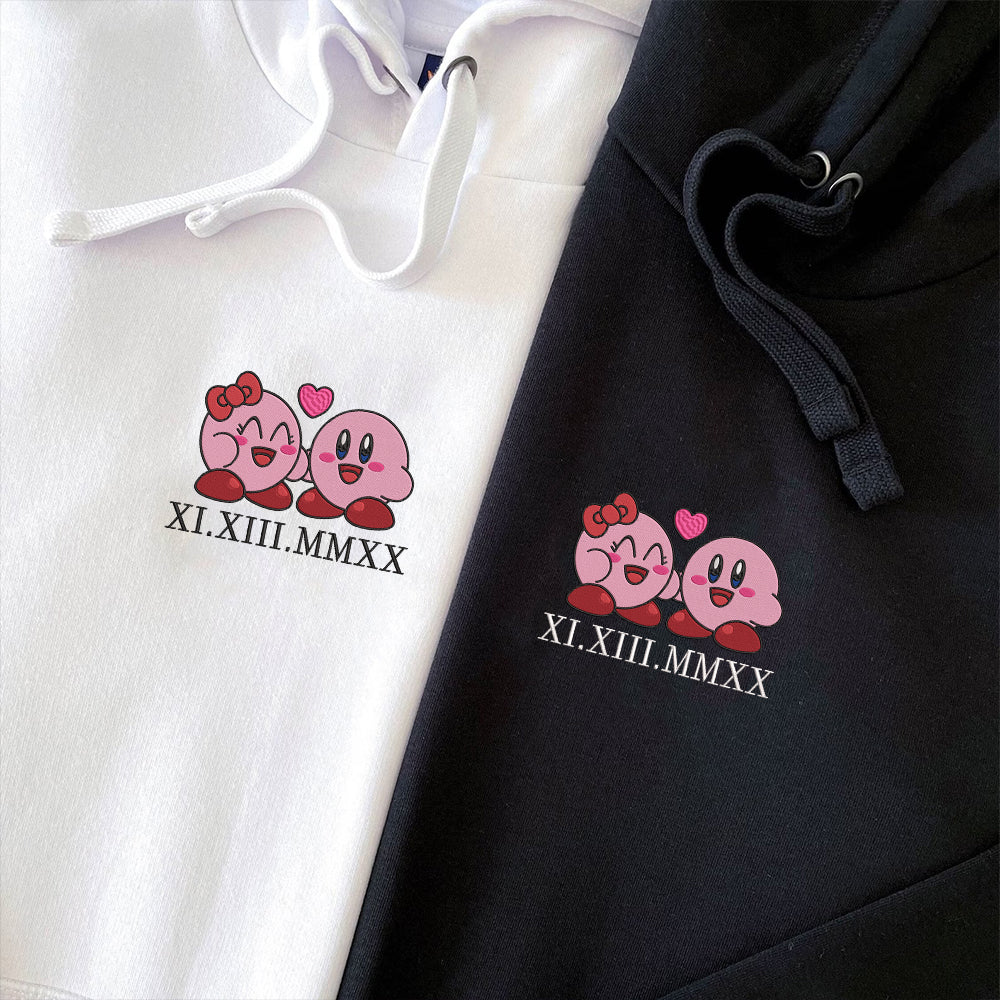 Custom Embroidered Roman Numeral Date Hoodies For Couples, Cute Cartoon Kirb Couples Embroidered Hoodie