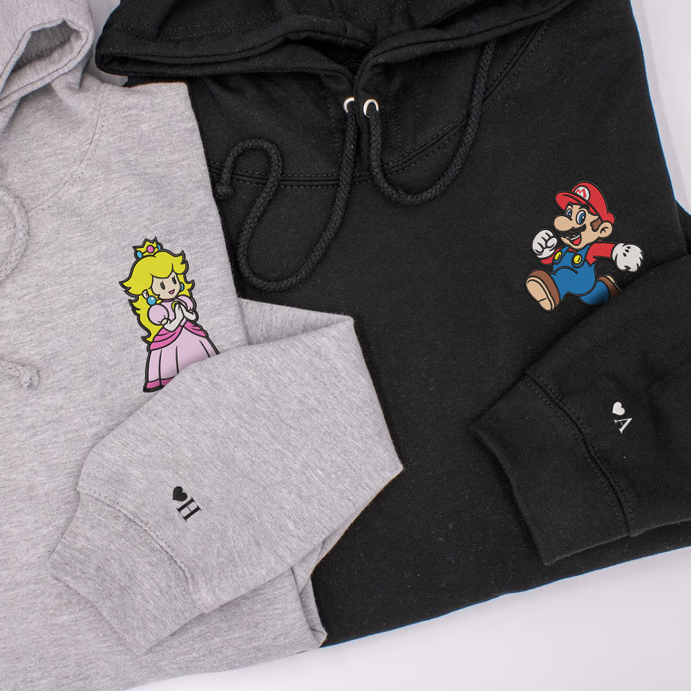 Custom Embroidered Hoodies For Couples, Cute Cartoon Princess x Mario Cartoon Couples Embroidered Hoodie