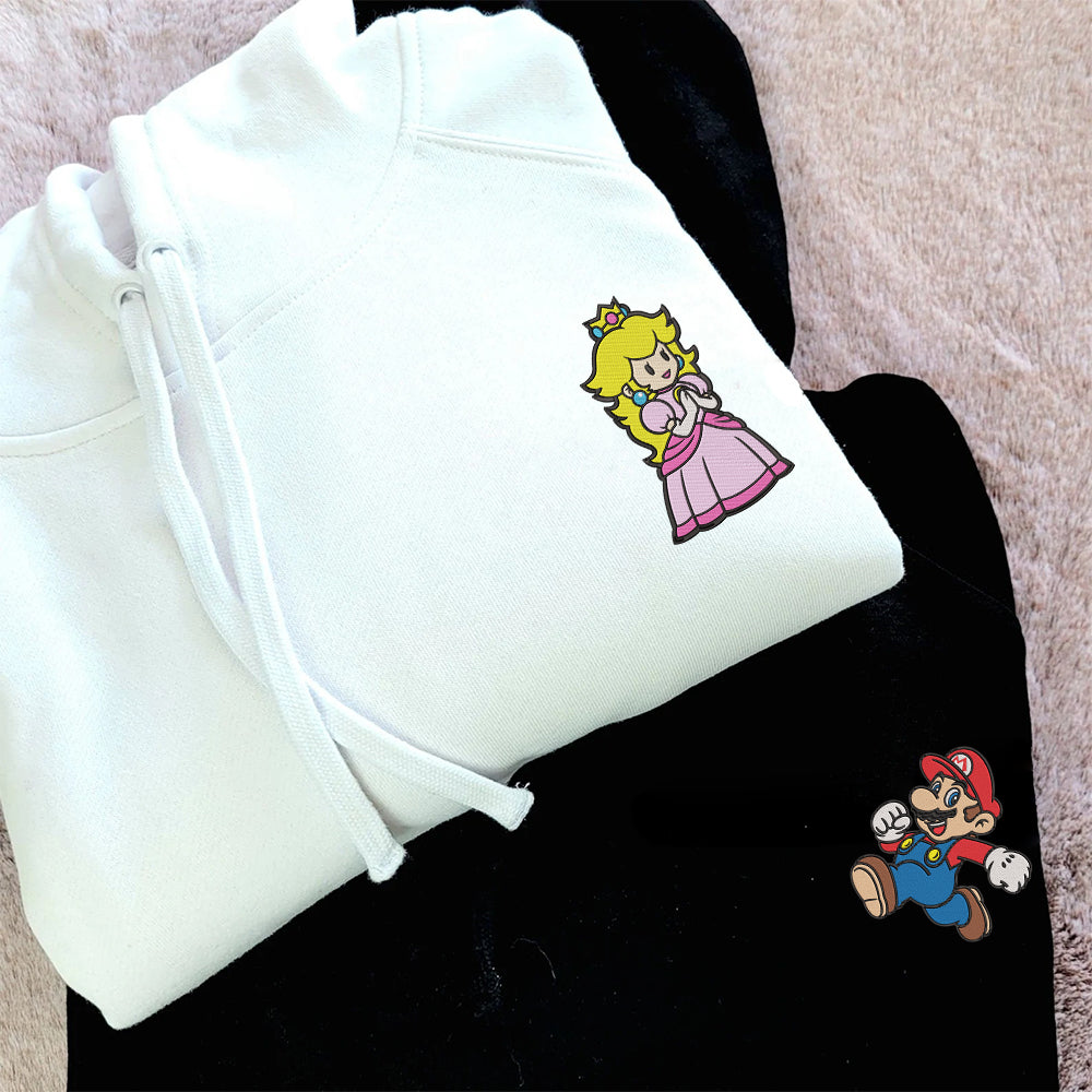 Custom Embroidered Hoodies For Couples, Cute Cartoon Princess x Mario Cartoon Couples Embroidered Hoodie