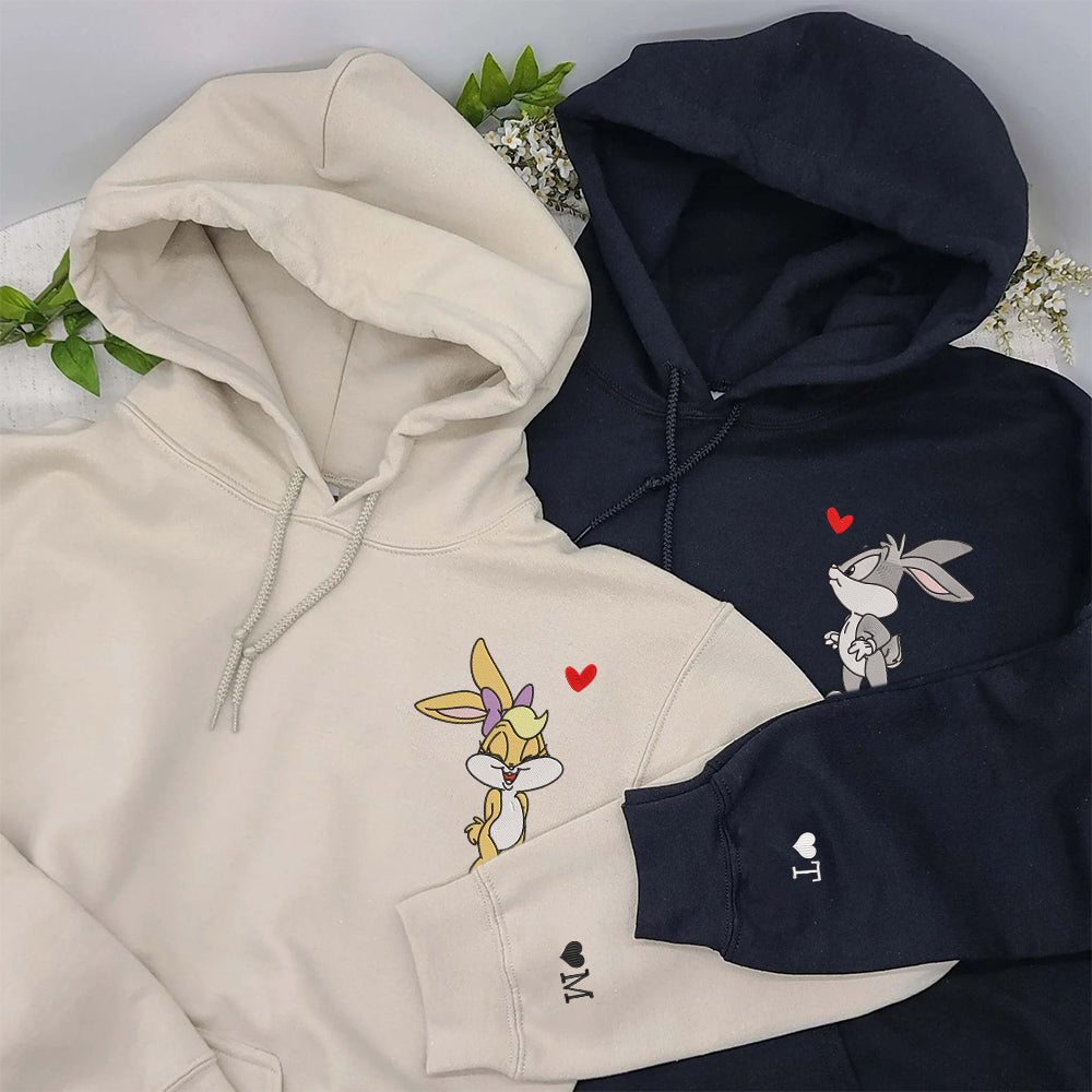 Custom Embroidered Roman Numeral Date Hoodies For Couples, Cute Cartoon Rabbits Bugs and Lola Couples Embroidered Hoodie