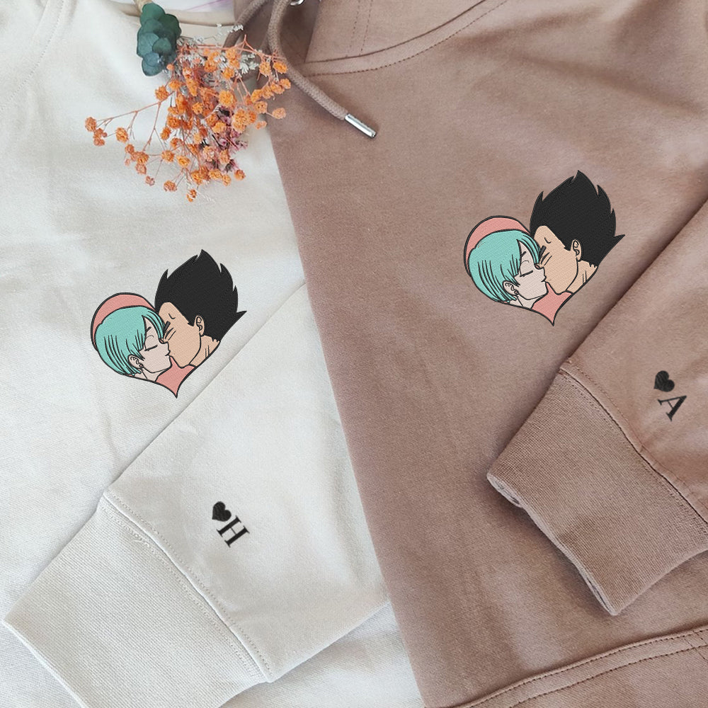 Custom Embroidered Hoodies For Couples, Cute Cartoon Vegeta x Bulma Couples Embroidered Hoodie