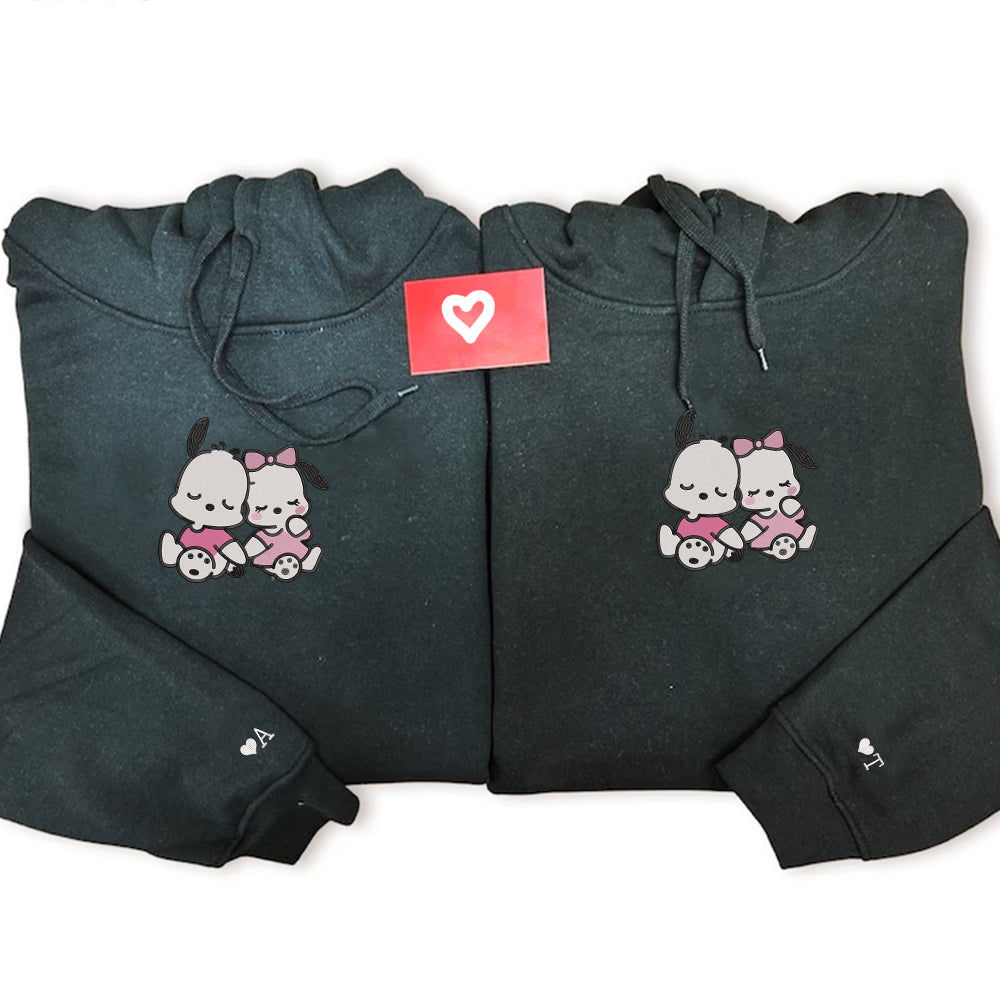 Custom Embroidered Hoodies For Couples, Cute Cartoon White Dogs Couples Embroidered Hoodie