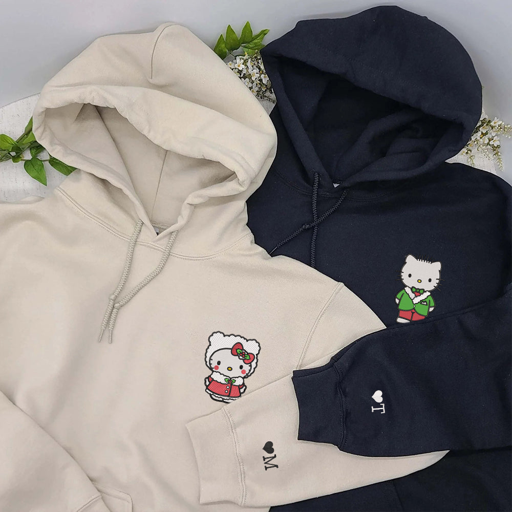 Custom Embroidered Hoodies For Couples, Cute Christmas Kitten Cartoon Couples Embroidered Hoodie