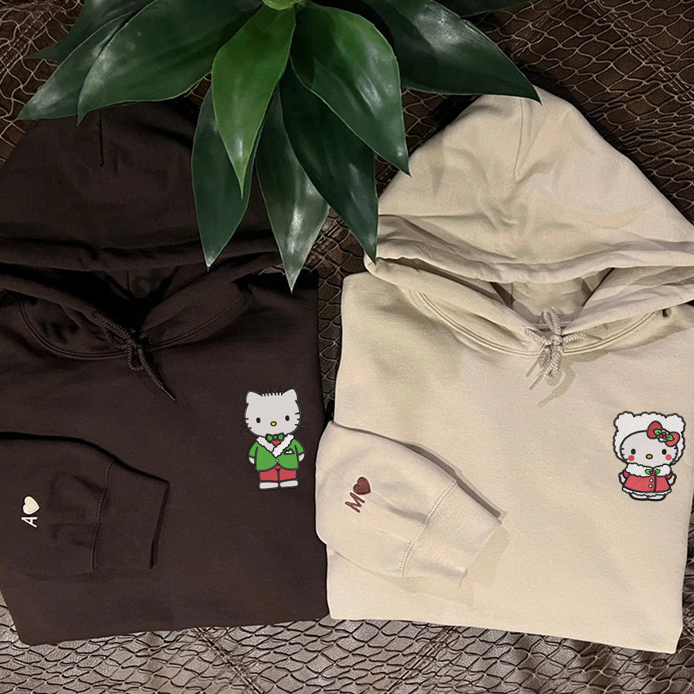Custom Embroidered Hoodies For Couples, Cute Christmas Kitten Cartoon Couples Embroidered Hoodie