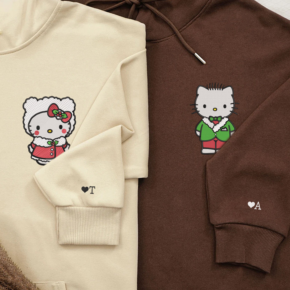 Custom Embroidered Hoodies For Couples, Cute Christmas Kitten Cartoon Couples Embroidered Hoodie
