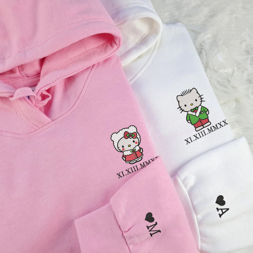 Valentine's Day Gift Custom Roman Numeral Date Christmas Hello Kitty Couples Personalized Embroidered Matching Couples Set