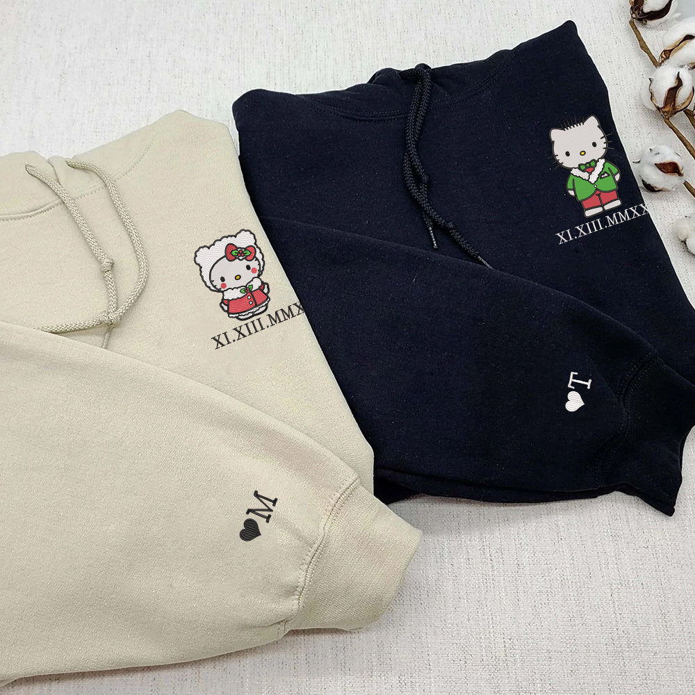 Custom Embroidered Roman Numeral Date Hoodies For Couples, Cute Christmas Kitten Cartoon Couples Embroidered Hoodie