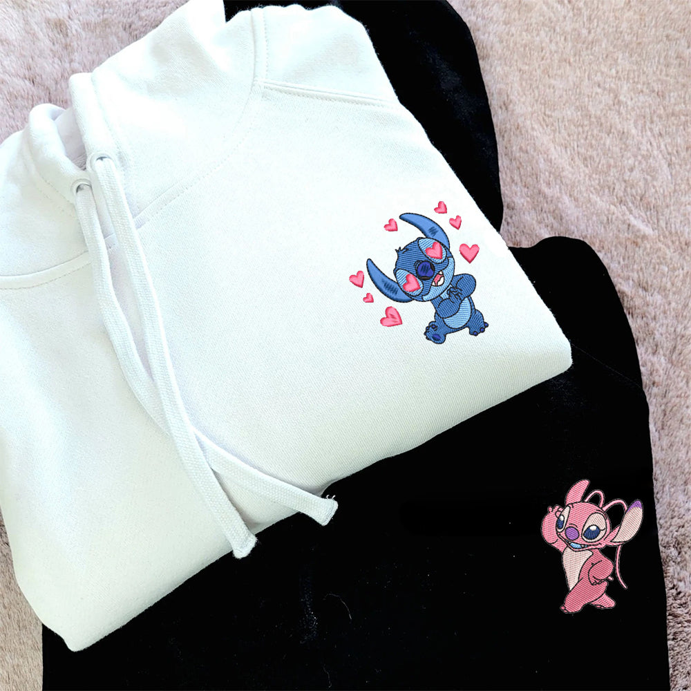 Custom Embroidered Hoodies For Couples, Cute Stitch Cartoon Couples Embroidered Hoodie