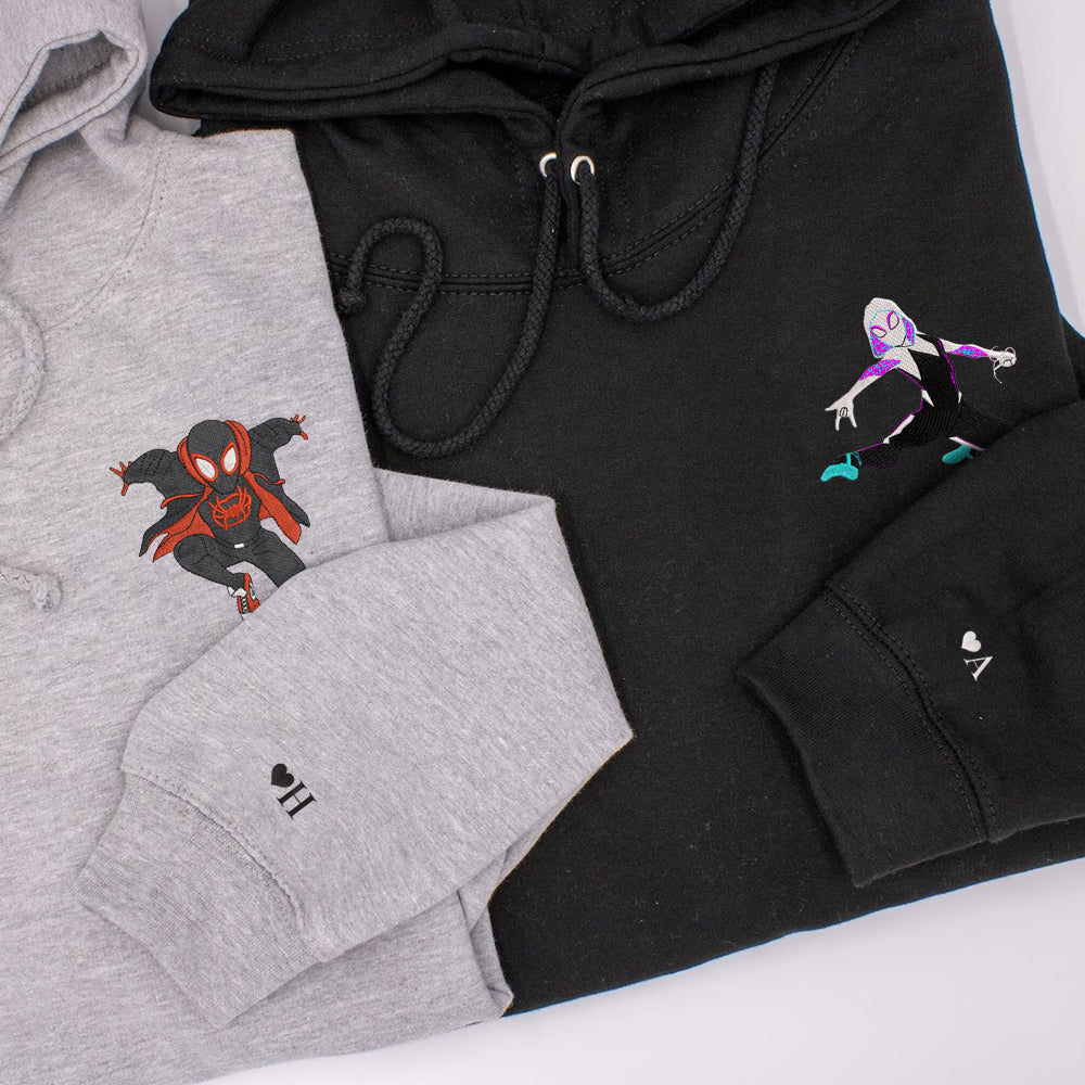 Custom Embroidered Hoodies For Couples, Cute Spider Superhero Couples Embroidered Hoodie