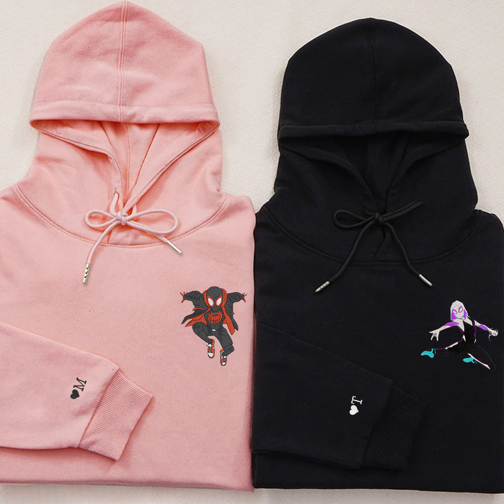 Custom Embroidered Hoodies For Couples, Cute Spider Superhero Couples Embroidered Hoodie