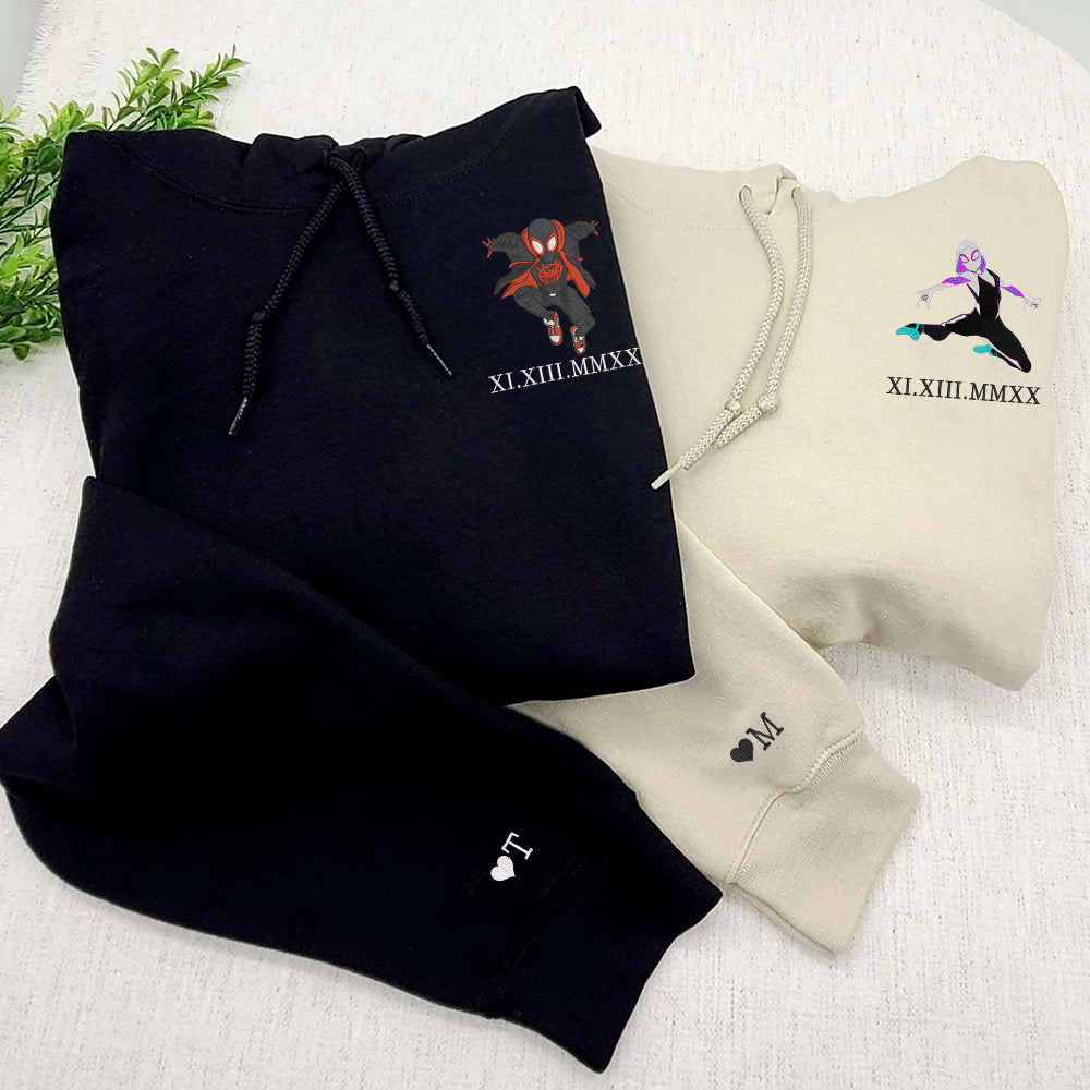 Custom Embroidered Roman Numeral Date Hoodies For Couples, Cute Spider Superhero Couples Embroidered Hoodie