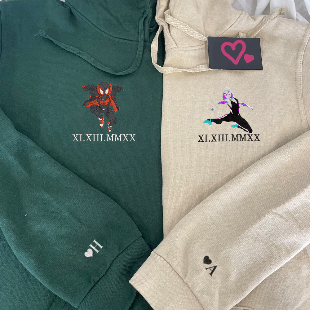 Custom Embroidered Roman Numeral Date Hoodies For Couples, Cute Spider Superhero Couples Embroidered Hoodie