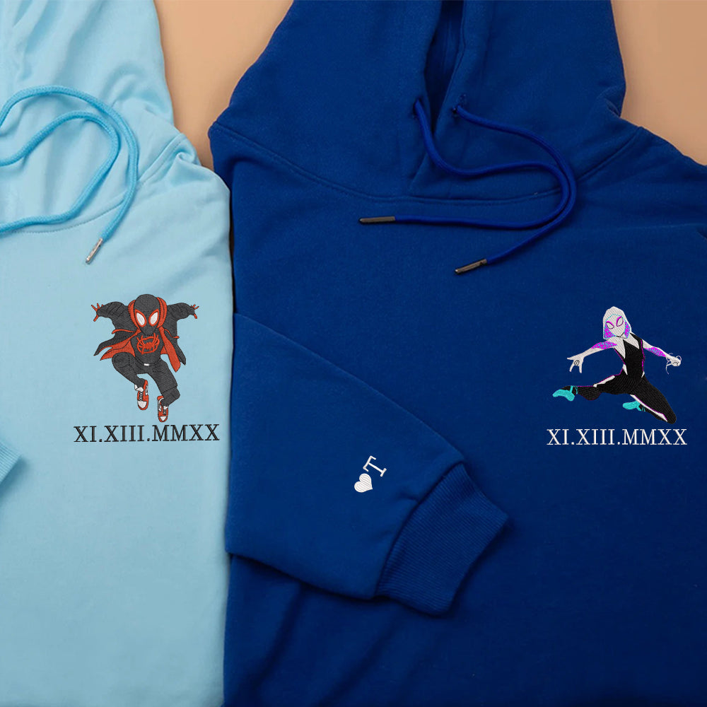 Custom Embroidered Roman Numeral Date Hoodies For Couples, Cute Spider Superhero Couples Embroidered Hoodie