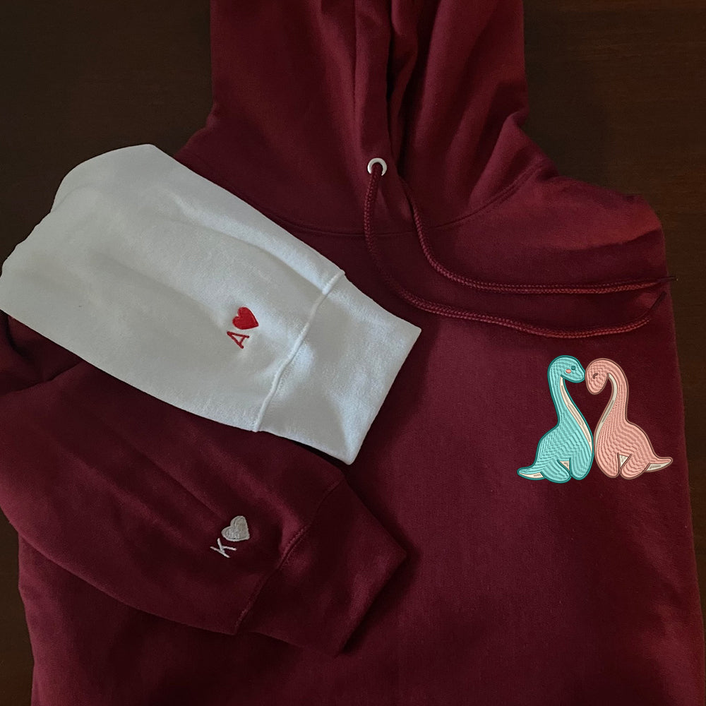 Custom Embroidered Hoodies For Couples, Cute Long Neck Dinosaurs Couples Embroidered Hoodie