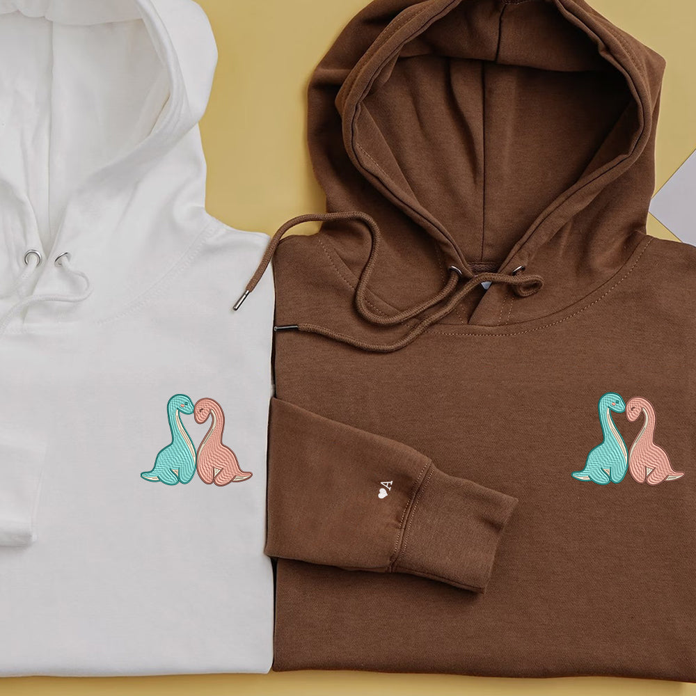 Custom Embroidered Hoodies For Couples, Cute Long Neck Dinosaurs Couples Embroidered Hoodie
