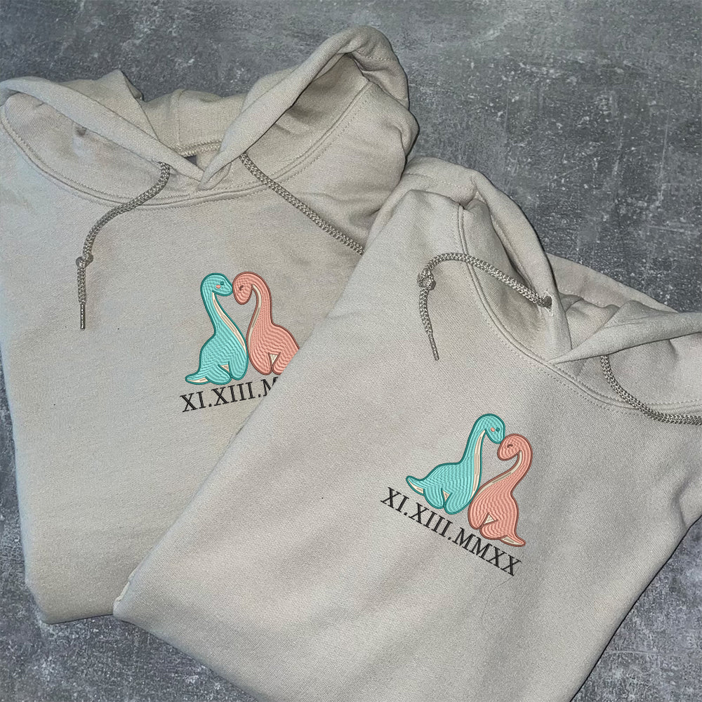 Custom Embroidered Roman Numeral Date Hoodies For Couples, Cute Cartoon Dinosaurs Couples Embroidered Hoodie