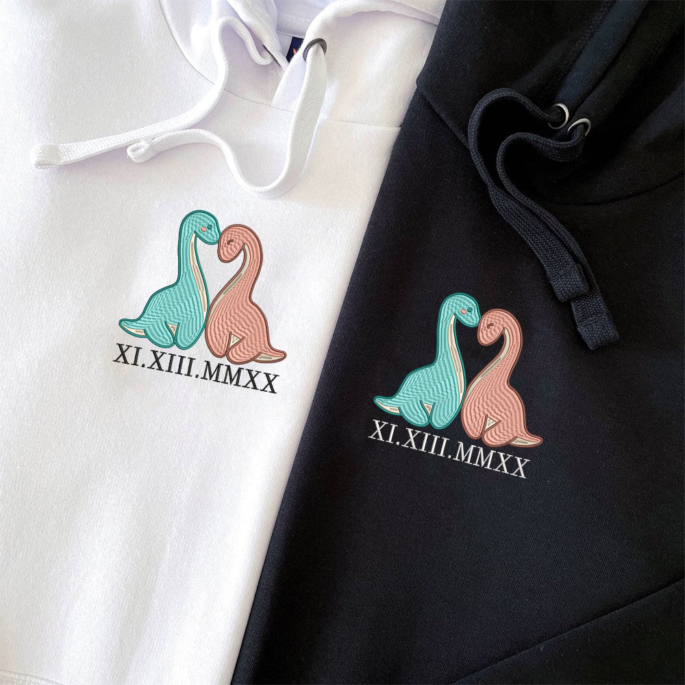 Custom Embroidered Roman Numeral Date Hoodies For Couples, Cute Cartoon Dinosaurs Couples Embroidered Hoodie