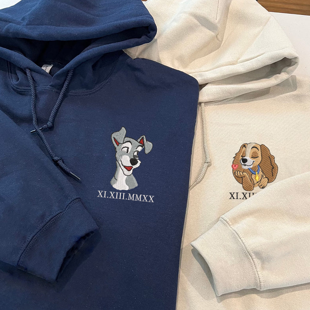 Custom Embroidered Roman Numeral Date Hoodies For Couples, Cute Dogs Lady x Tramp Couples Embroidered Hoodie