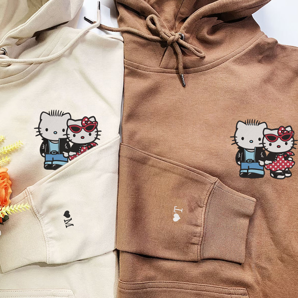 Custom Embroidered Hoodies For Couples, Cute Gangster Cartoon Kitten Couples Embroidered Hoodie