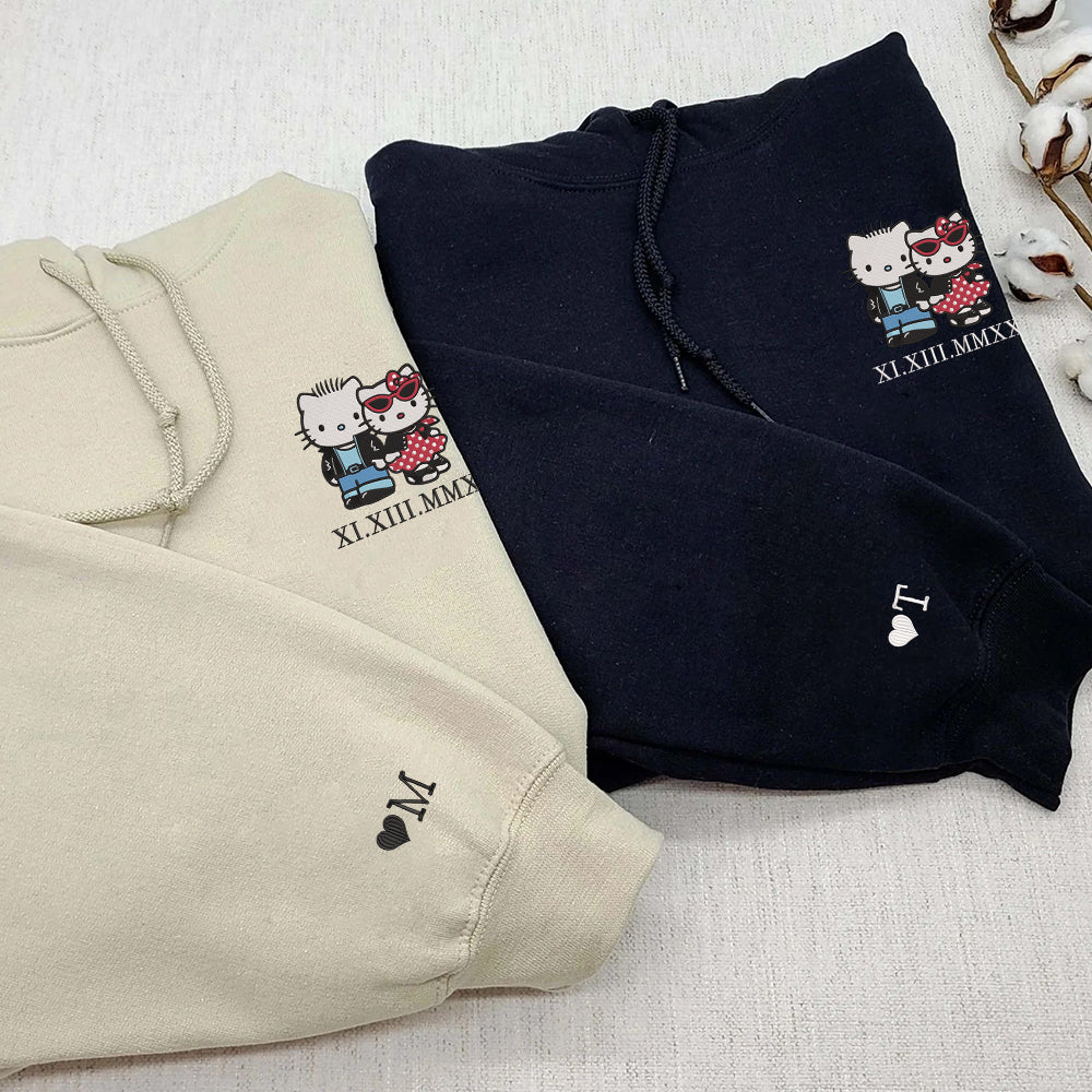 Custom Embroidered Roman Numeral Date Hoodies For Couples, Cute Gangster Cartoon Kitten Couples Embroidered Hoodie