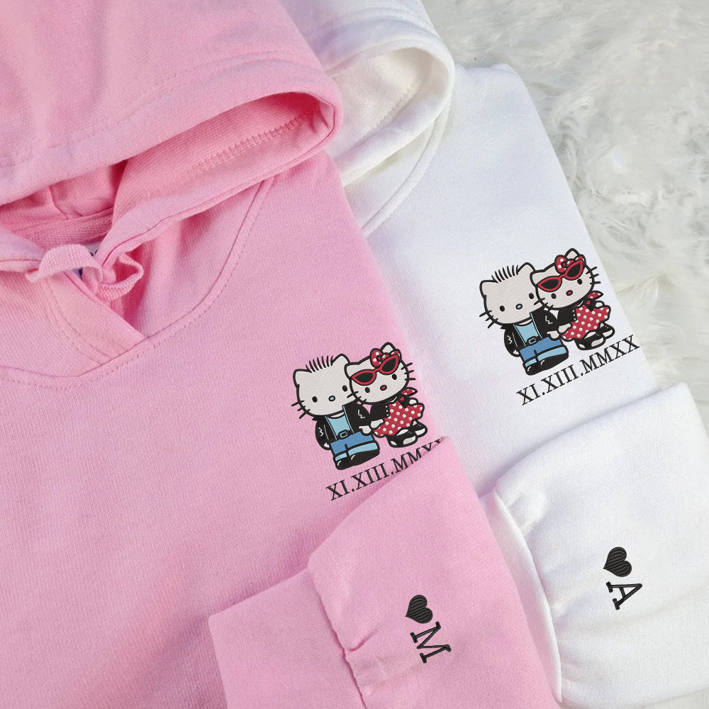 Custom Embroidered Roman Numeral Date Hoodies For Couples, Cute Gangster Cartoon Kitten Couples Embroidered Hoodie