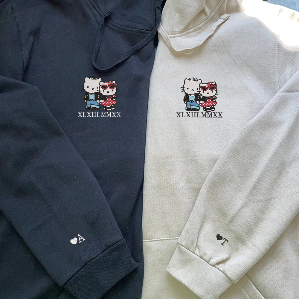 Custom Embroidered Roman Numeral Date Hoodies For Couples, Cute Gangster Cartoon Kitten Couples Embroidered Hoodie
