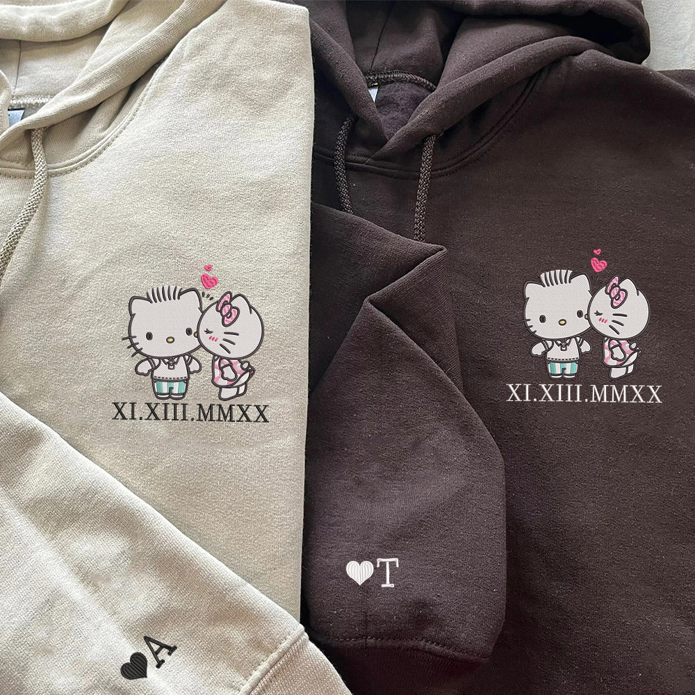 Custom Embroidered Roman Numeral Date Hoodies For Couples, Cute Kitten Cartoon Couples Embroidered Hoodie