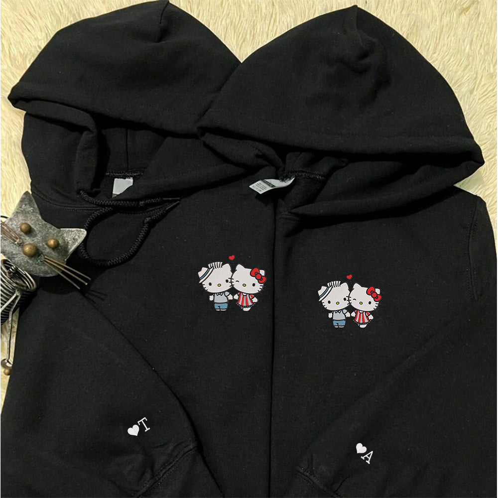 Custom Embroidered Hoodies For Couples, Cute Cartoon Kiss Kitten Couples Embroidered Hoodie