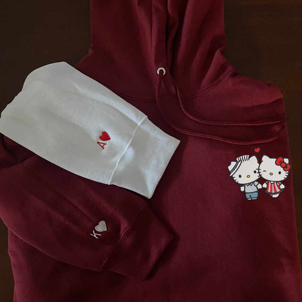 Custom Embroidered Hoodies For Couples, Cute Cartoon Kiss Kitten Couples Embroidered Hoodie