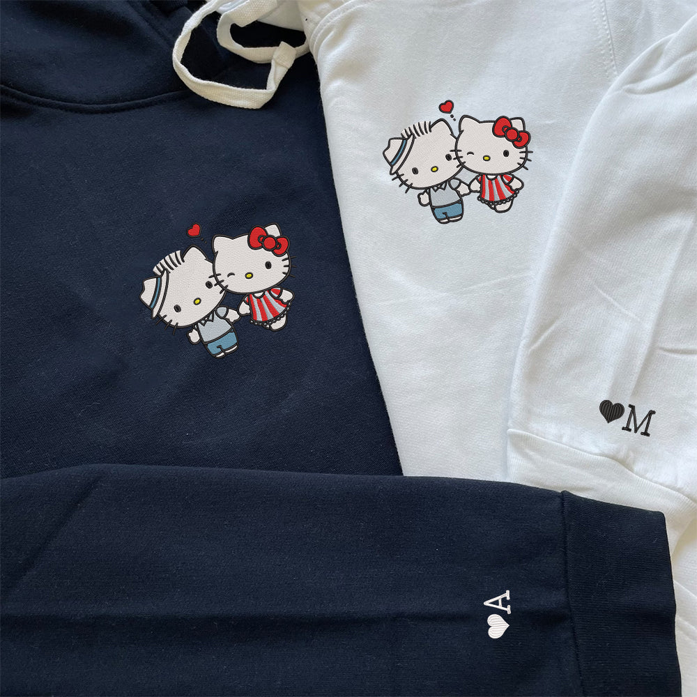 Custom Embroidered Hoodies For Couples, Cute Cartoon Kiss Kitten Couples Embroidered Hoodie