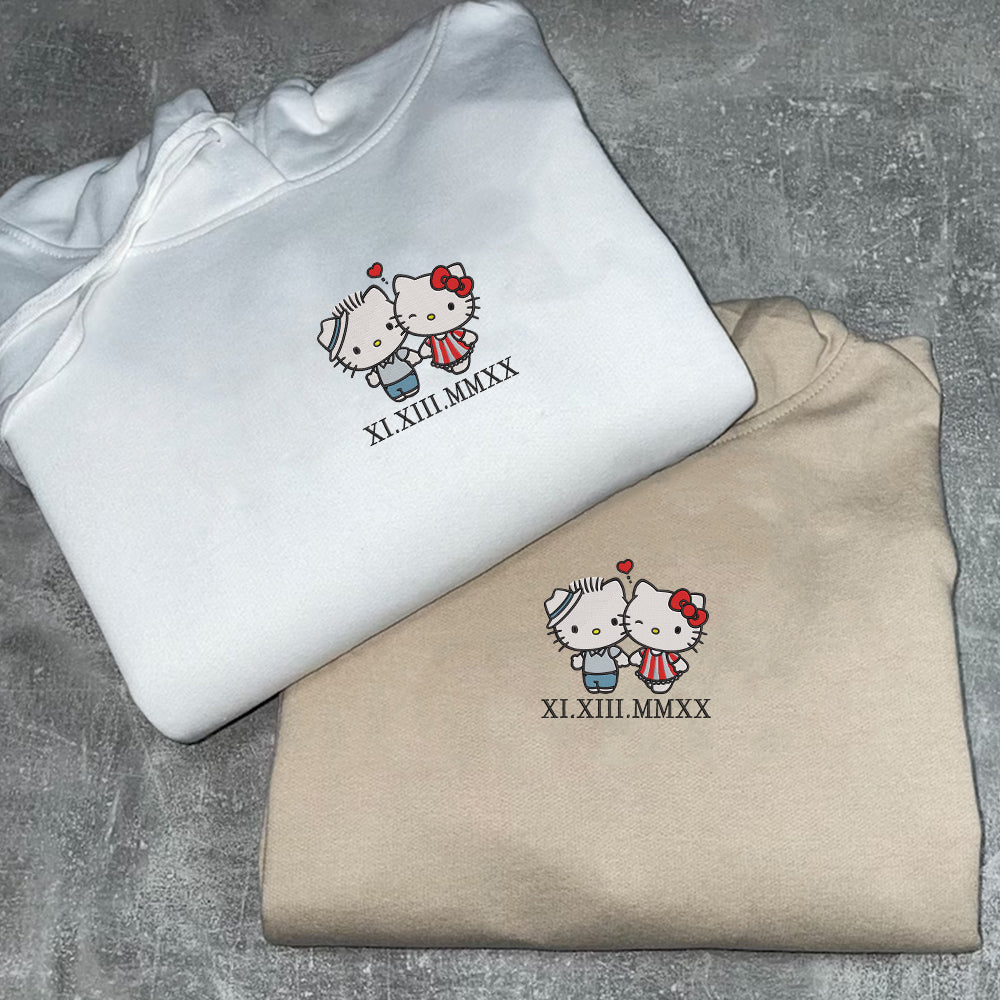 Custom Embroidered Roman Numeral Date Hoodies For Couples, Cute Kitten Kiss Couples Embroidered Hoodie