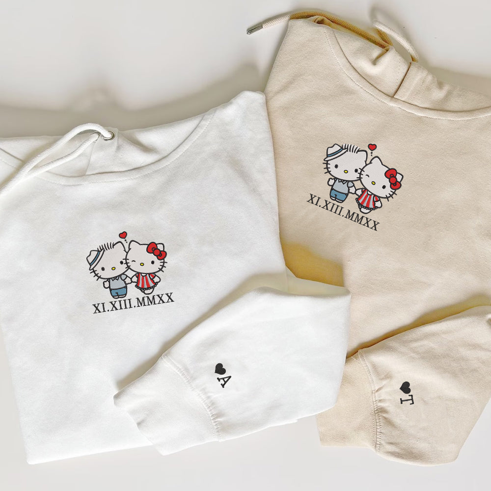 Custom Embroidered Roman Numeral Date Hoodies For Couples, Cute Kitten Kiss Couples Embroidered Hoodie