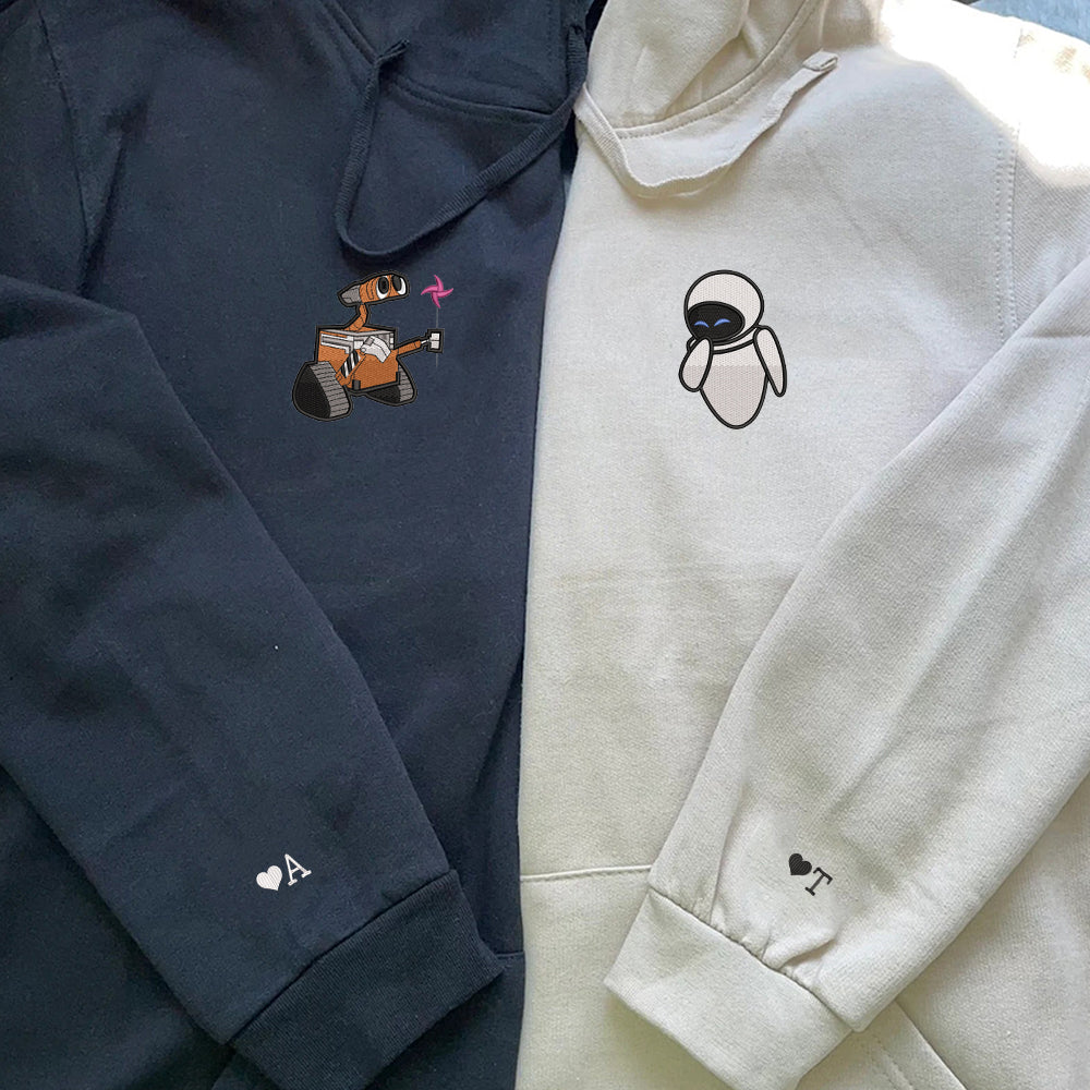 Custom Embroidered Hoodies For Couples, Cute Walle x Eve Couples Embroidered Hoodie