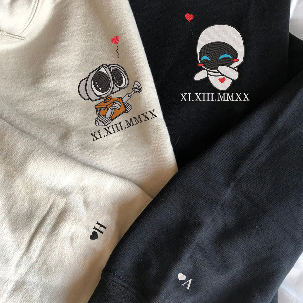 Custom Embroidered Roman Numeral Date Hoodies For Couples, Cute Walle x Eve Balloon Cartoon Couples Embroidered Hoodie