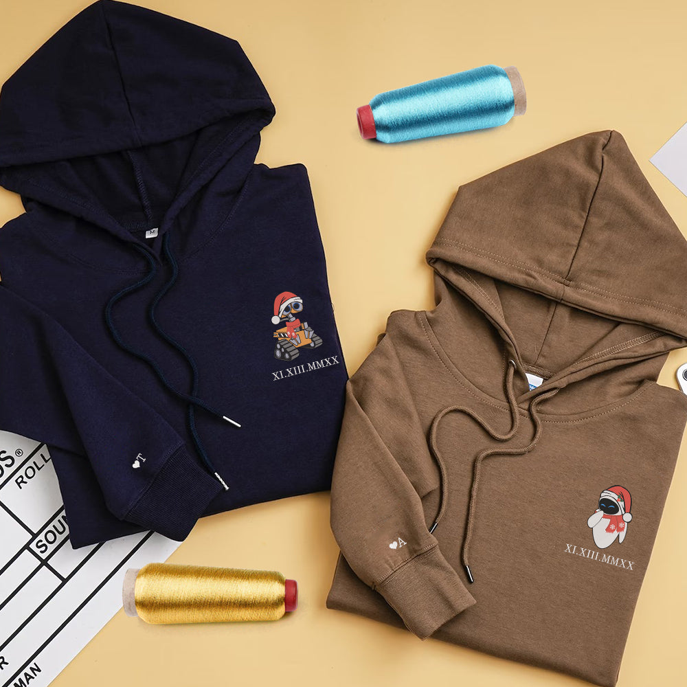 Custom Embroidered Roman Numeral Date Hoodies For Couples, Cute Walle x Eve Cartoon Christmas Couples Embroidered Hoodie