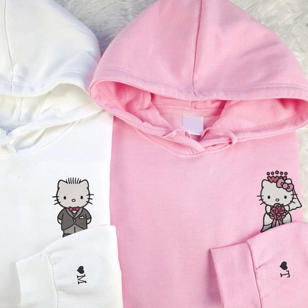 Custom Embroidered Hoodies For Couples, Cute Wedding Cartoon Kitten Couples Embroidered Hoodie