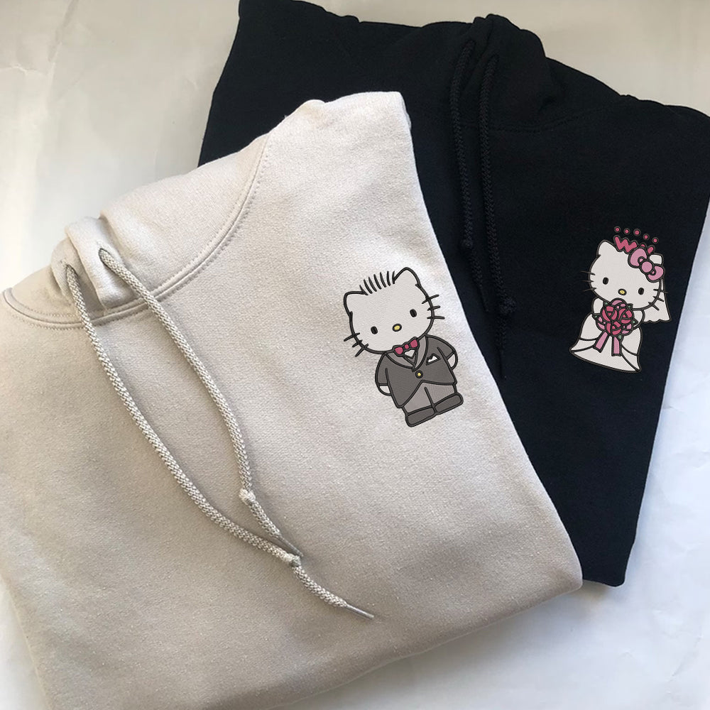 Custom Embroidered Hoodies For Couples, Cute Wedding Cartoon Kitten Couples Embroidered Hoodie