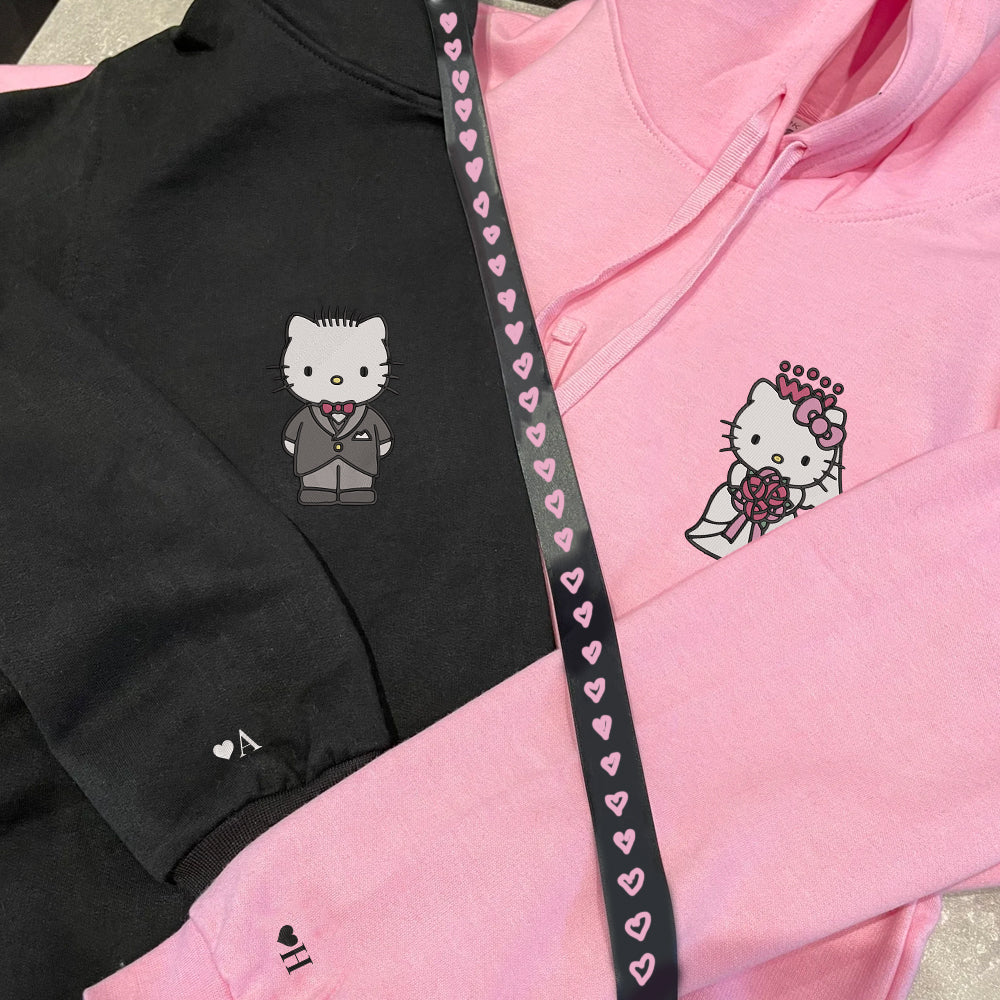 Custom Embroidered Hoodies For Couples, Cute Wedding Cartoon Kitten Couples Embroidered Hoodie