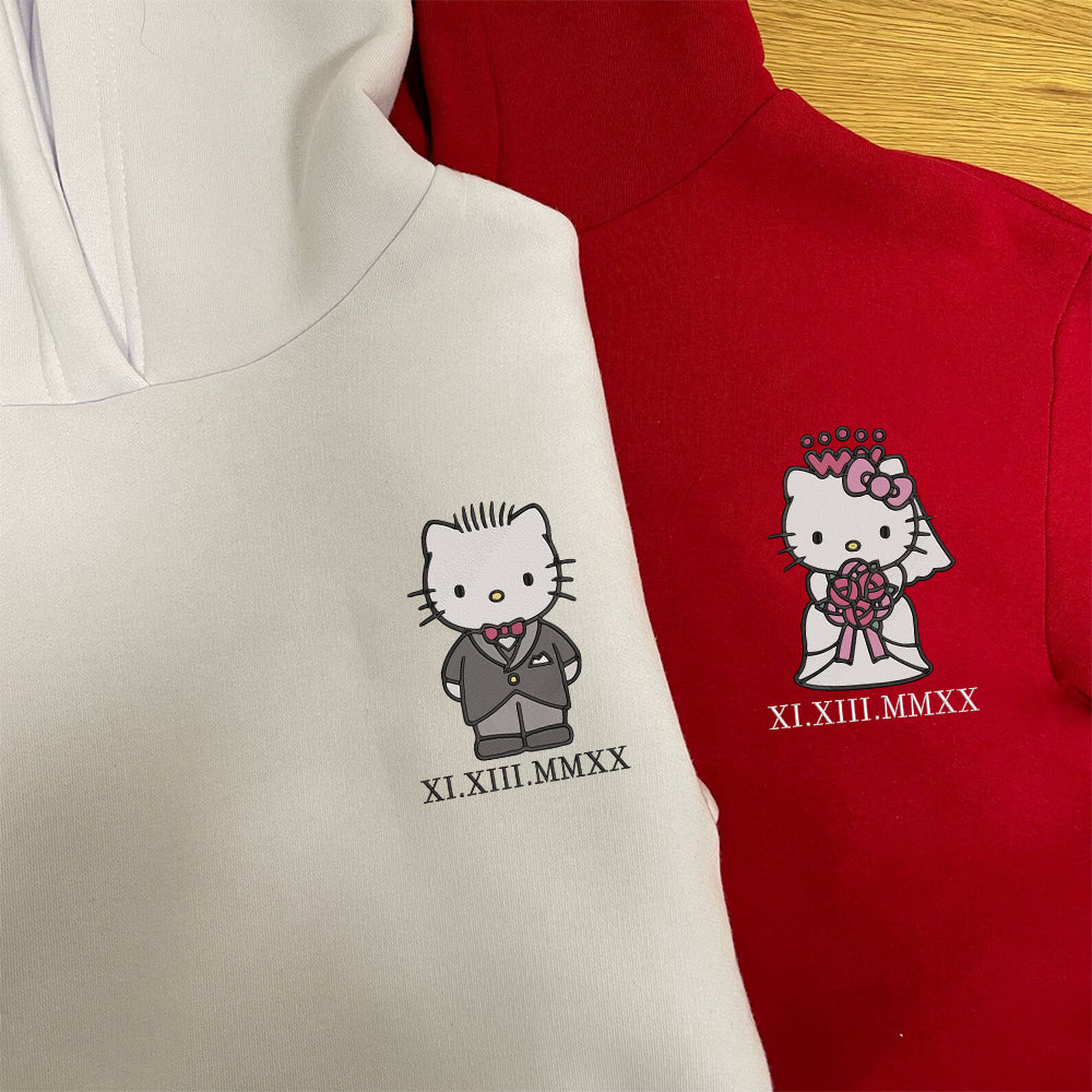 Custom Embroidered Roman Numeral Date Hoodies For Couples, Cute Wedding Kitten Couples Embroidered Hoodie