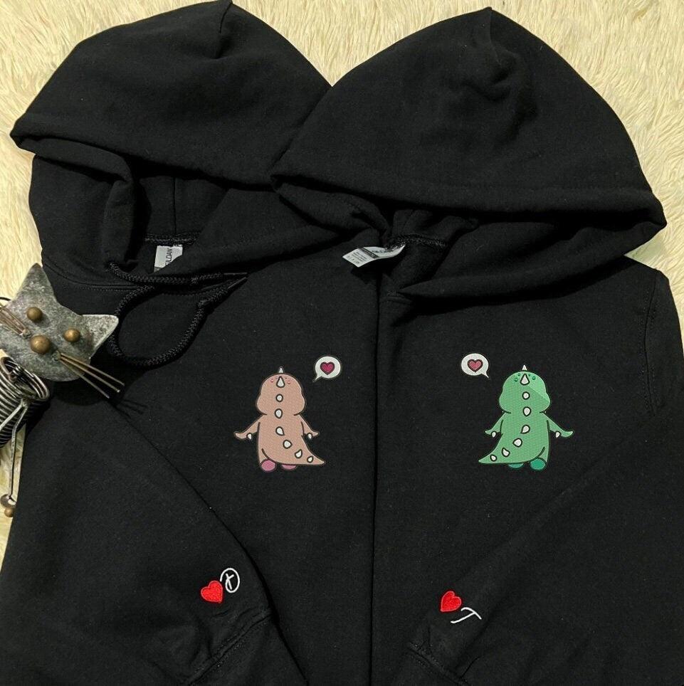 Custom Embroidered Hoodies For Couples, Custom Matching Couple Hoodies, Dino Couples Embroidered Matching Couples Hoodie