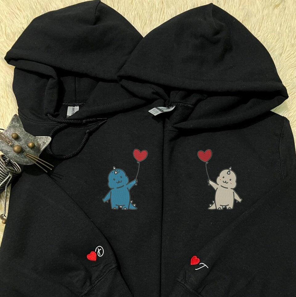 Custom Embroidered Hoodies For Couples, Custom Matching Couple Hoodies, Dino Heart Couples Embroidered Matching Couples Hoodie
