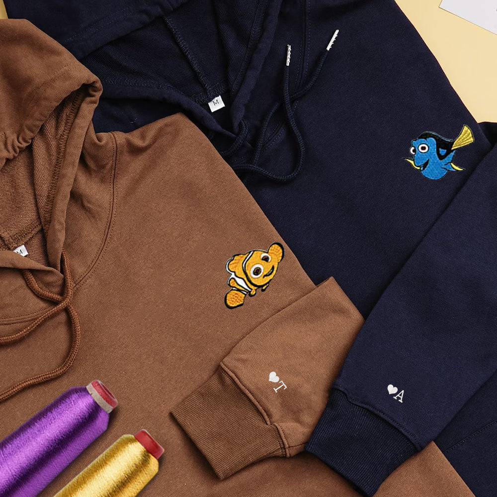 Custom Embroidered Hoodies For Couples, Personalized Couple Hoodies, His Her Hoodies, Cute Cartoons Fish Couples Embroidered Hoodie