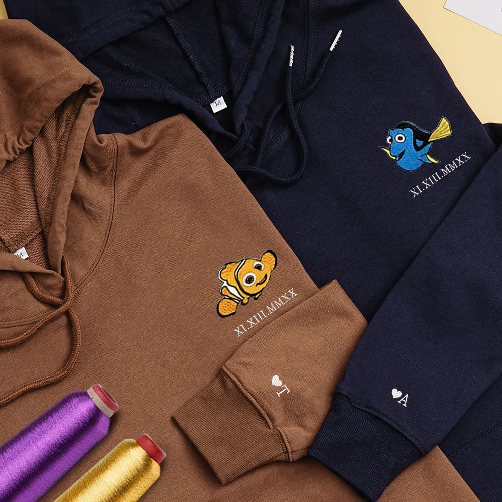 Custom Embroidered Roman Numeral Hoodies For Couples, Roman Numeral Date Hoodie, Cartoon Fish Couples Embroidered Hoodie