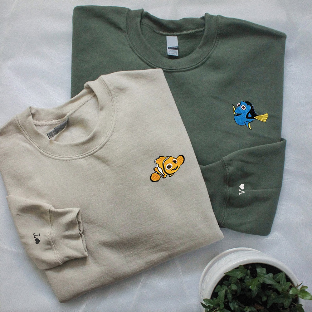 Custom Embroidered Sweatshirts For Couples, Custom Matching Couple Sweatshirt, Cute Cartoon Fish Couples Embroidered Crewneck Sweater