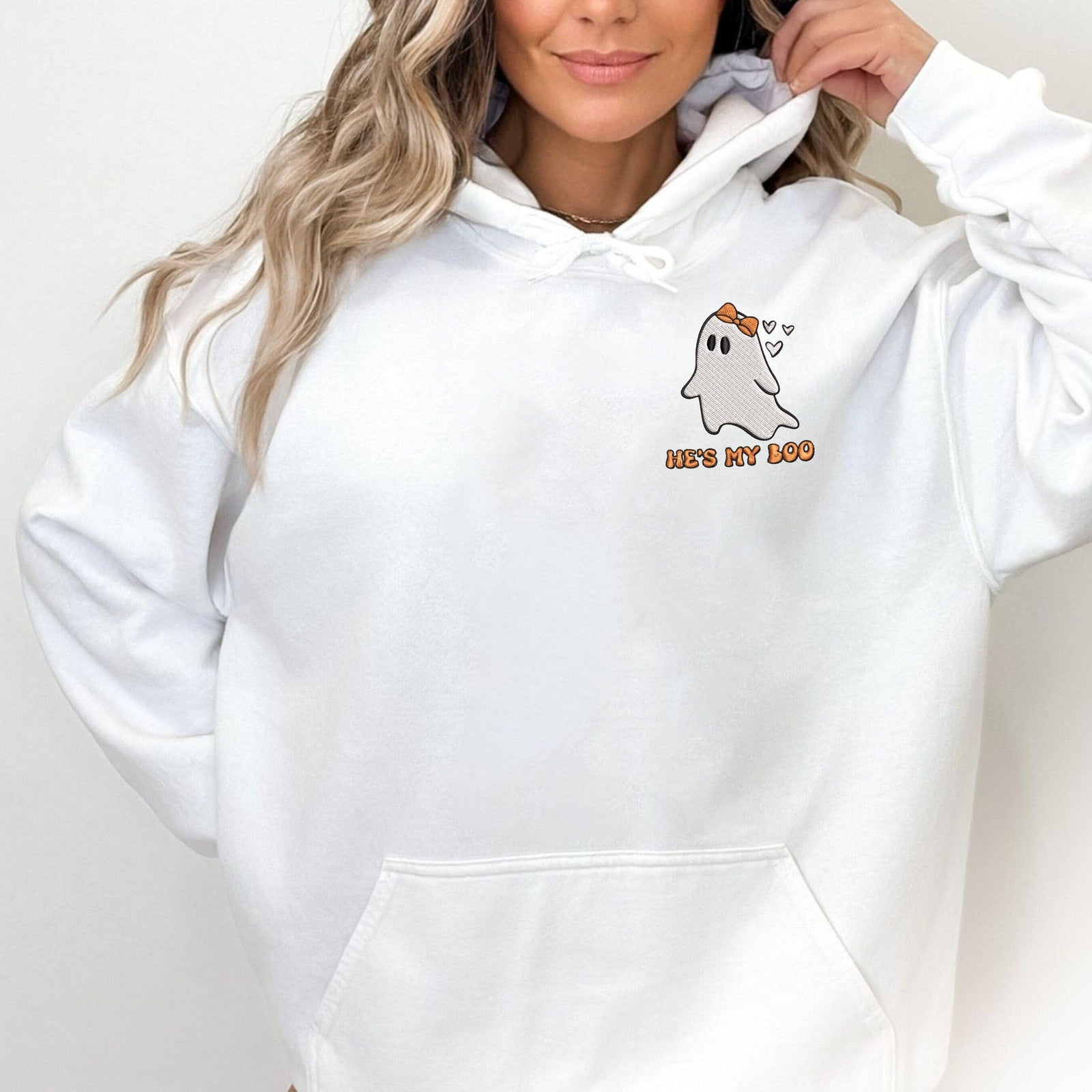 Custom Embroidered Halloweeen Hoodies For Couples, Custom Matching Couple Hoodies, He's My Boo She's My Boo Embroidered Halloween Hoodie