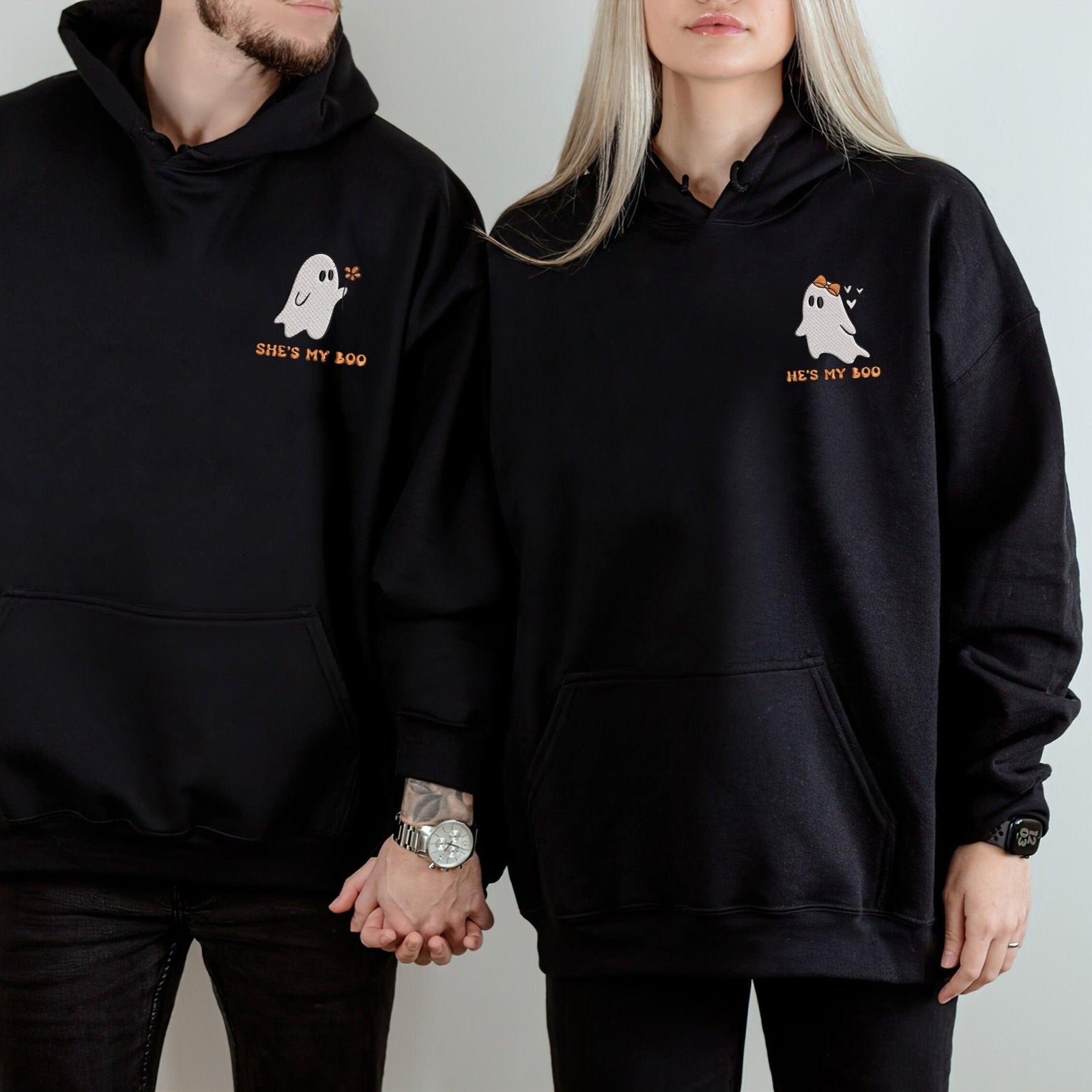 Custom Embroidered Halloweeen Sweatshirts For Couples, Custom Matching Couple Hoodies, He's My Boo She's My Boo Embroidered Halloween Sweatshirt