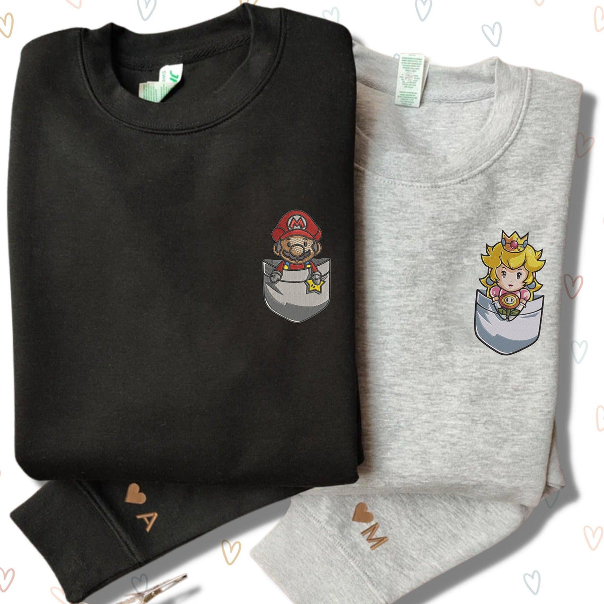 Custom Embroidered Sweatshirts For Couples, Custom Matching Couple Hoodies, Cartoon Mario and Princess Embroidered Matching Couples Sweatshirt