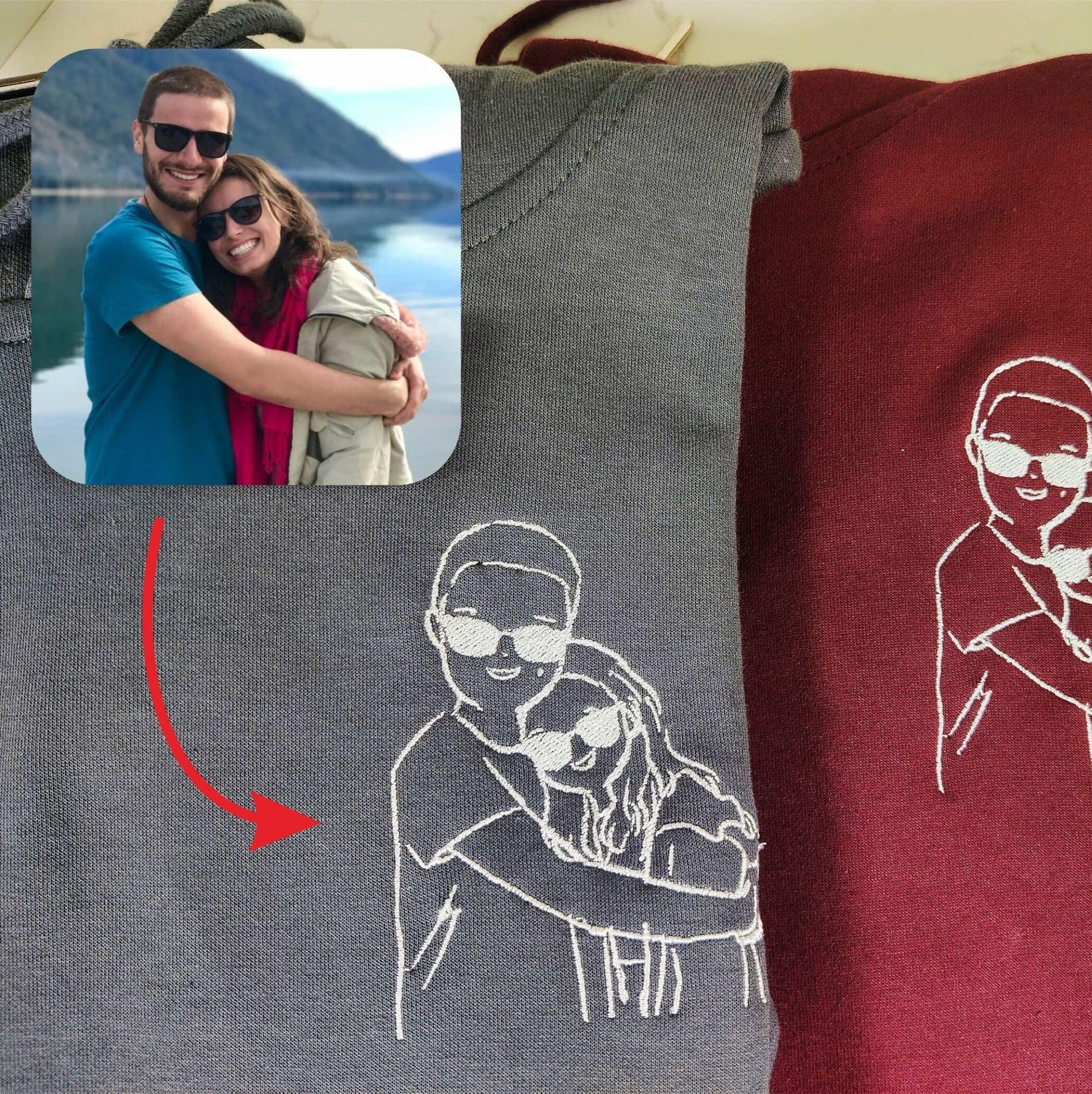 Custom Embroidered Sweatshirts For Couples, Custom Embroidered Portrait Outline Photo Matching Couple Embroidered Sweatshirt Hoodie