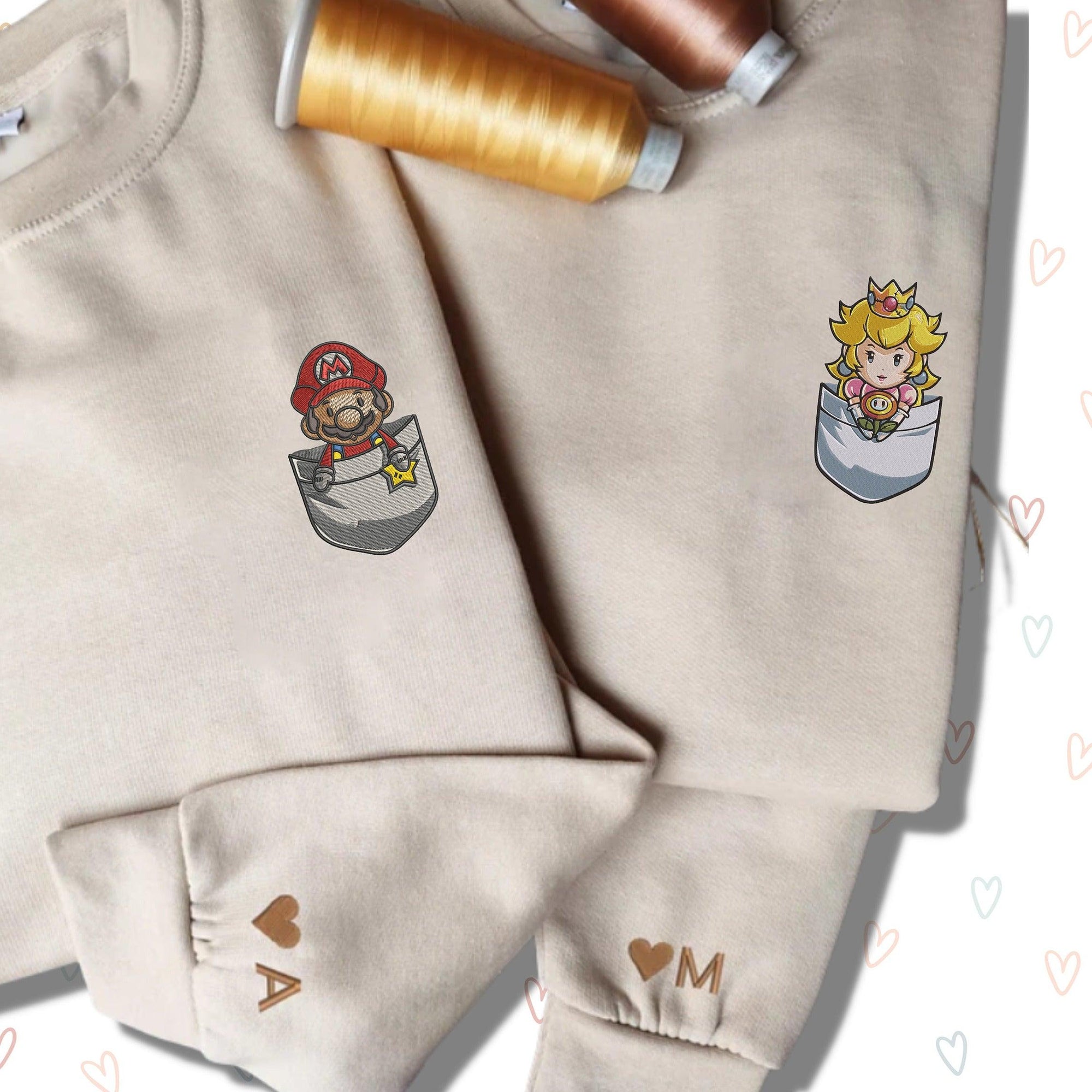 Custom Embroidered Sweatshirts For Couples, Custom Matching Couple Hoodies, Cartoon Mario and Princess Embroidered Matching Couples Sweatshirt